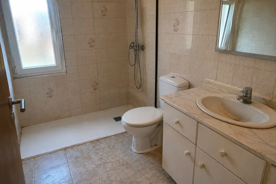 Baño con revestimientos antiguos y mueble de lavabo antes de su renovación Baño con revestimientos antiguos y mueble de lavabo antes de su renovación