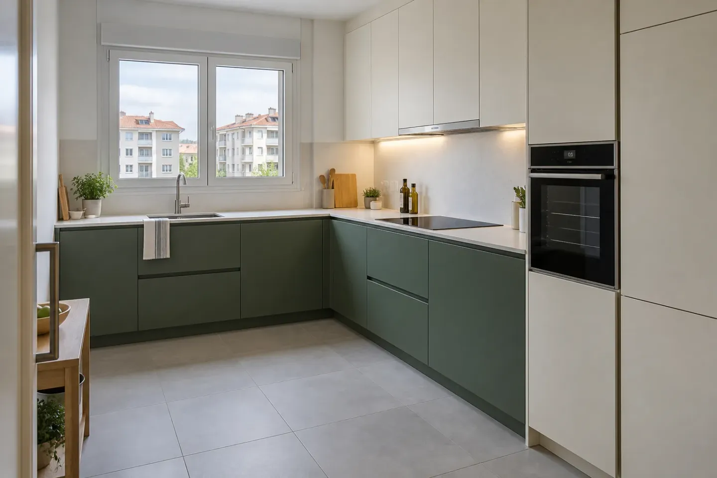 Cocina en L con almacenamiento integrado Cocina en L con muebles verdes y blancos, encimera clara y horno integrado