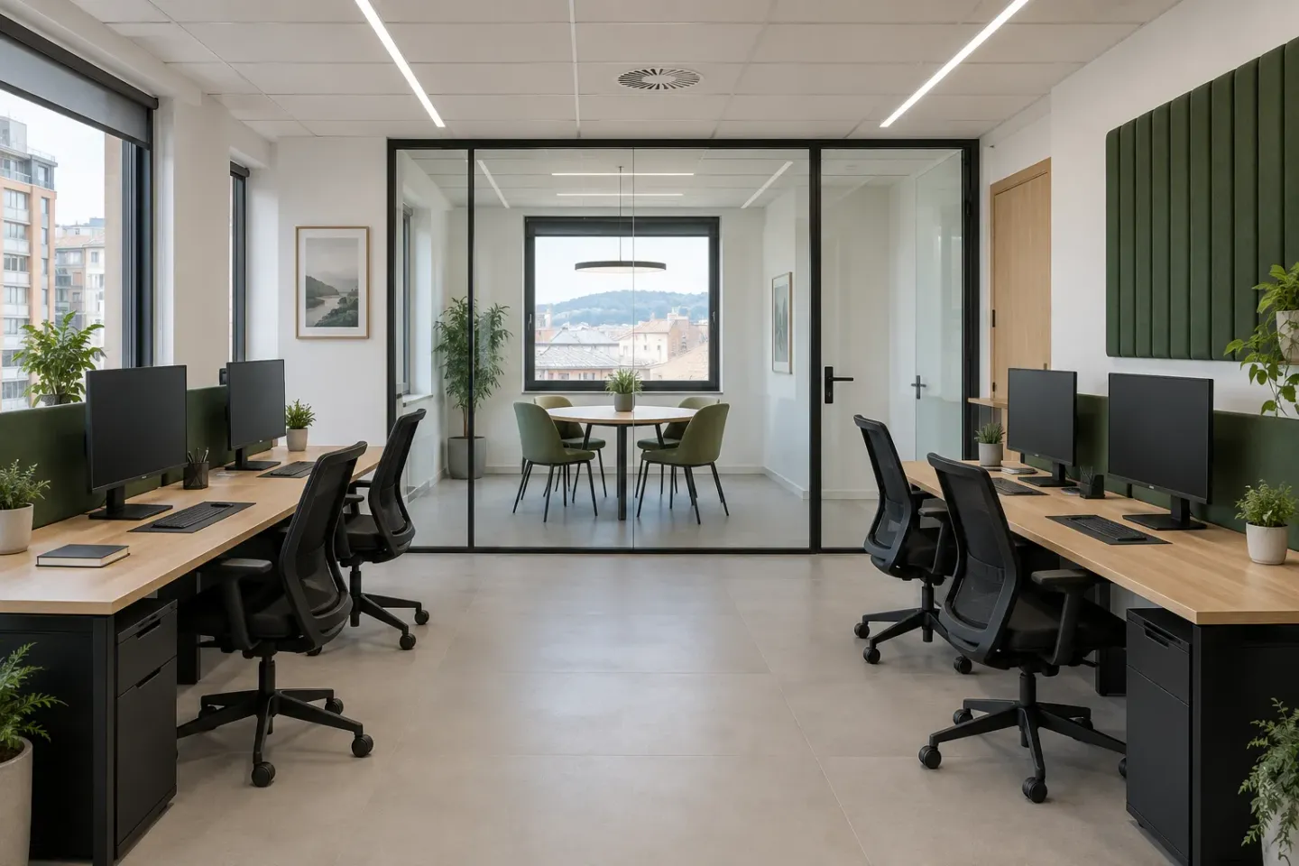 Distribución de un espacio profesional Espacio de trabajo con puestos de oficina y sala de reuniones acristalada
