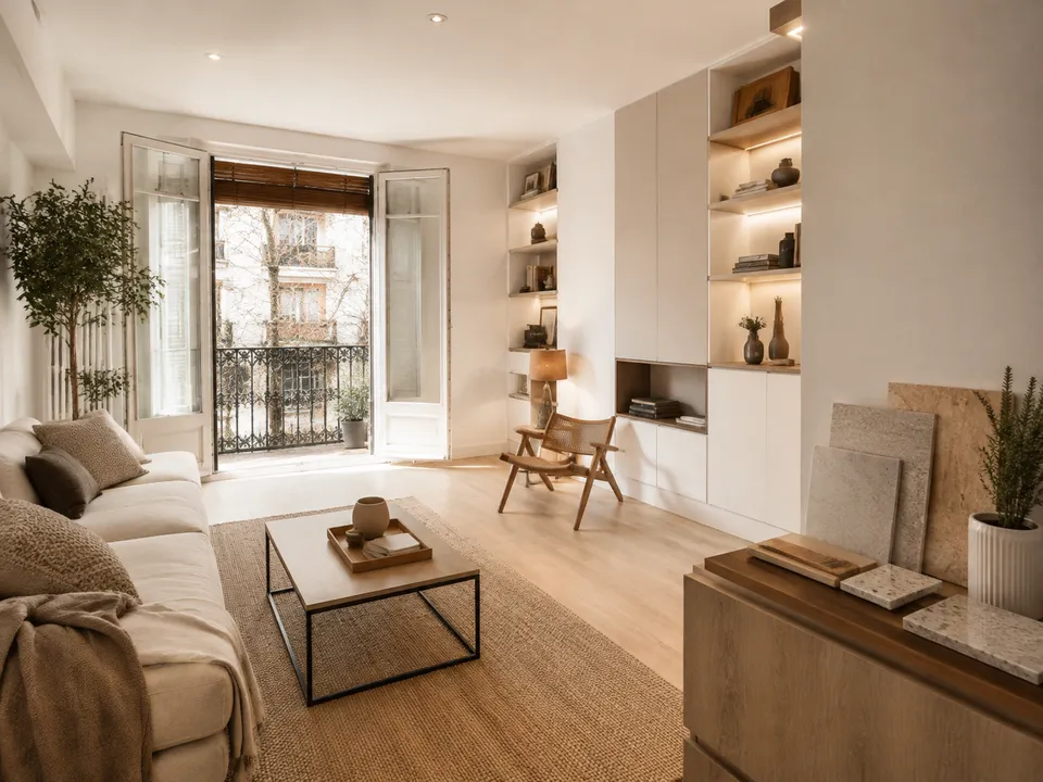 Salón luminoso con muestras de piedra y madera para elegir los acabados Salón luminoso con muestras de piedra y madera para elegir los acabados